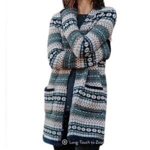 J. Jill Fair Isle‎ Cotton Wool Blend Longline Open Cardigan Sweater Pockets Sz L